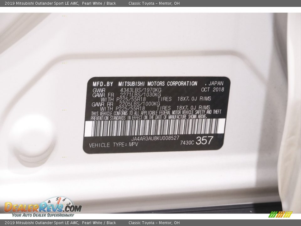 2019 Mitsubishi Outlander Sport LE AWC Pearl White / Black Photo #21
