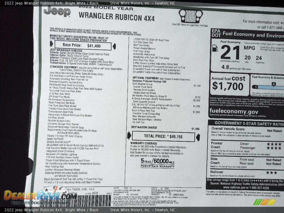 2022 Jeep Wrangler Rubicon 4x4 Window Sticker Photo #29
