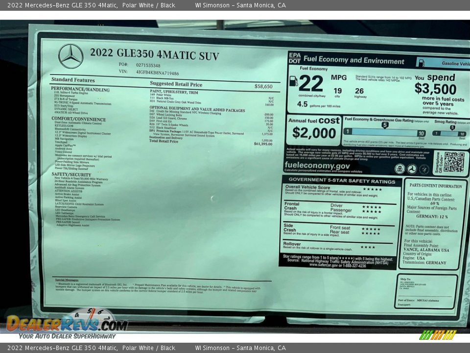 2022 Mercedes-Benz GLE 350 4Matic Window Sticker Photo #13