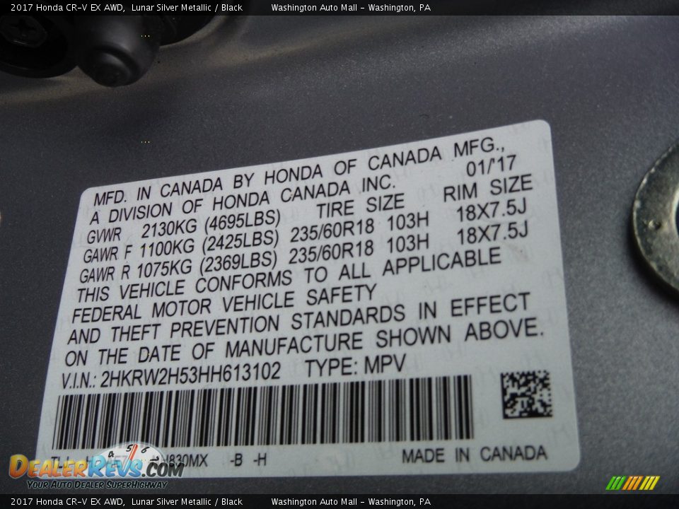 2017 Honda CR-V EX AWD Lunar Silver Metallic / Black Photo #36