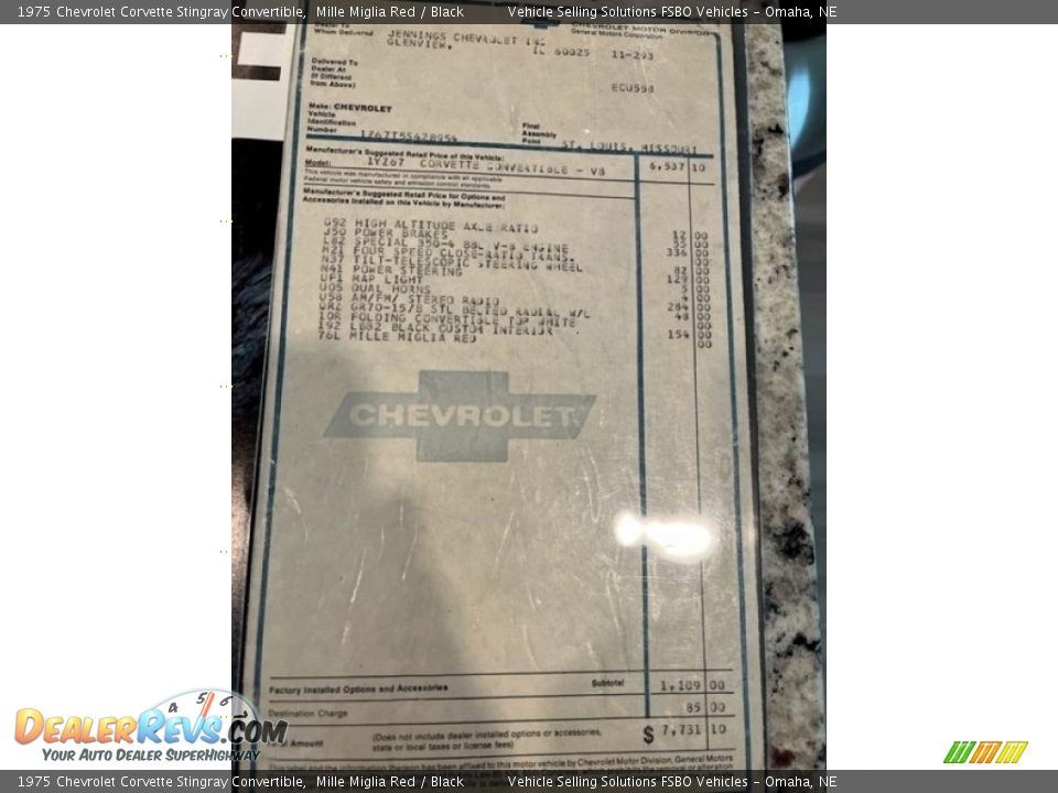 1975 Chevrolet Corvette Stingray Convertible Window Sticker Photo #15