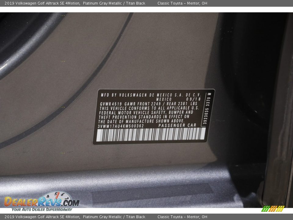 2019 Volkswagen Golf Alltrack SE 4Motion Platinum Gray Metallic / Titan Black Photo #21
