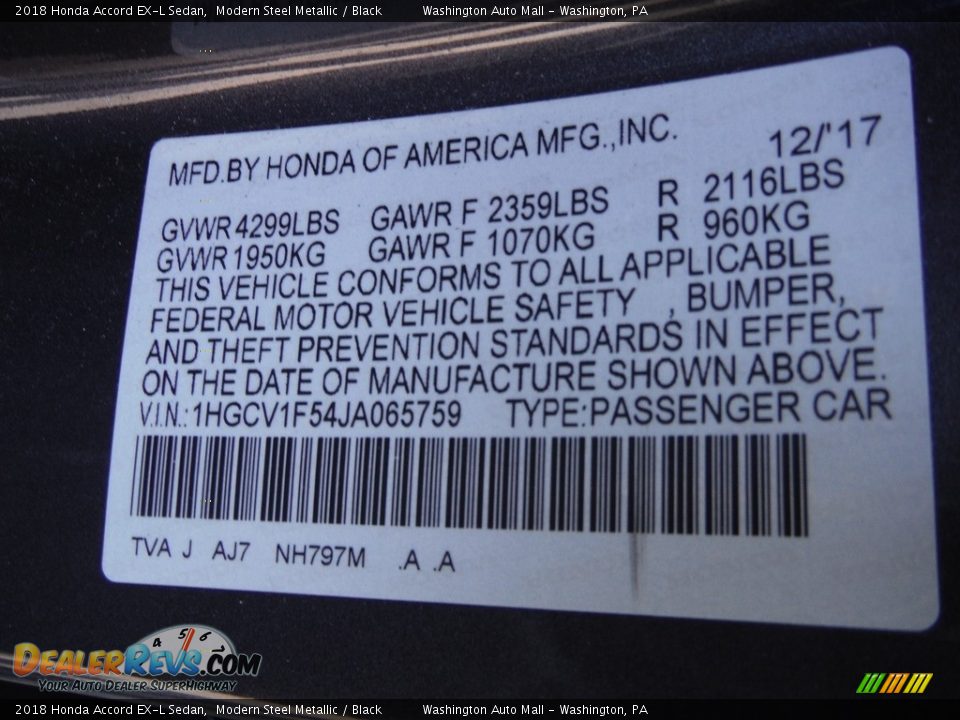 2018 Honda Accord EX-L Sedan Modern Steel Metallic / Black Photo #31