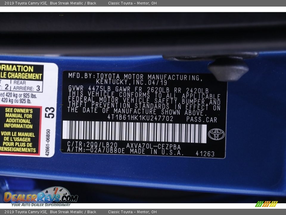 2019 Toyota Camry XSE Blue Streak Metallic / Black Photo #20