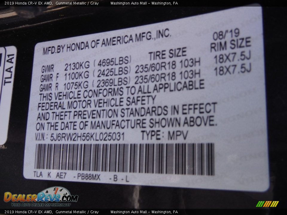 2019 Honda CR-V EX AWD Gunmetal Metallic / Gray Photo #32