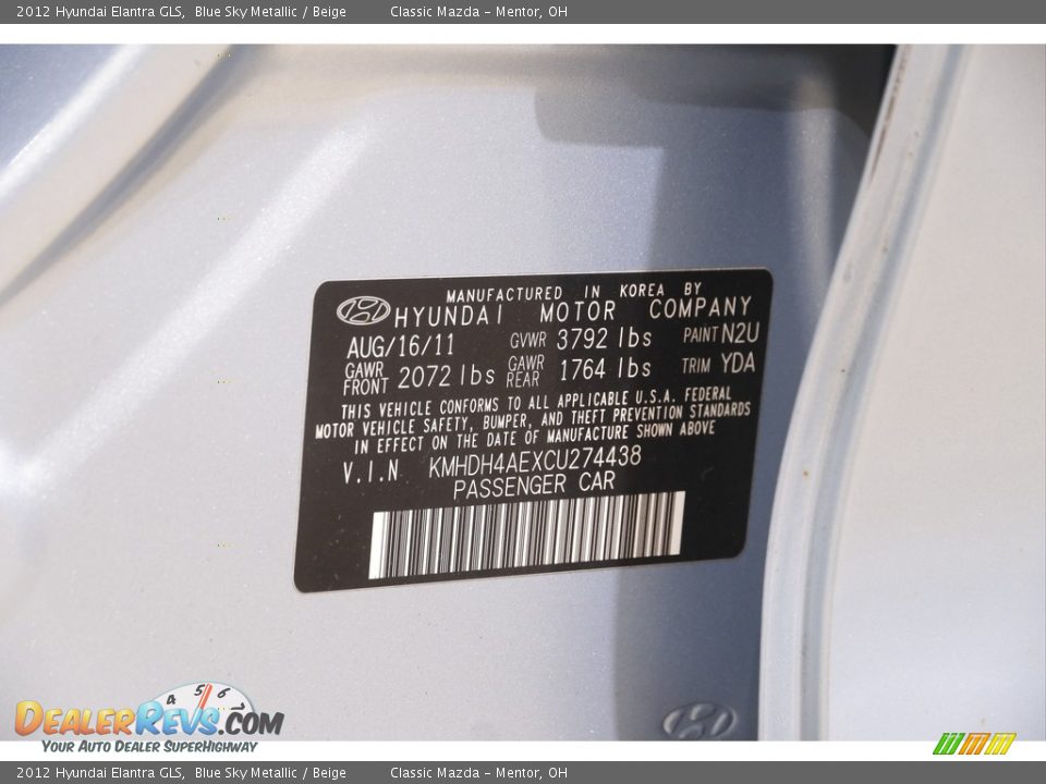 2012 Hyundai Elantra GLS Blue Sky Metallic / Beige Photo #19