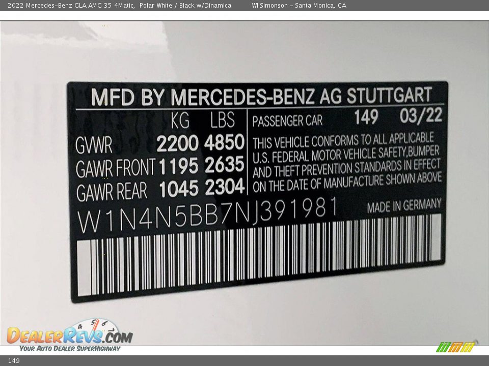 Mercedes-Benz Color Code 149 Polar White