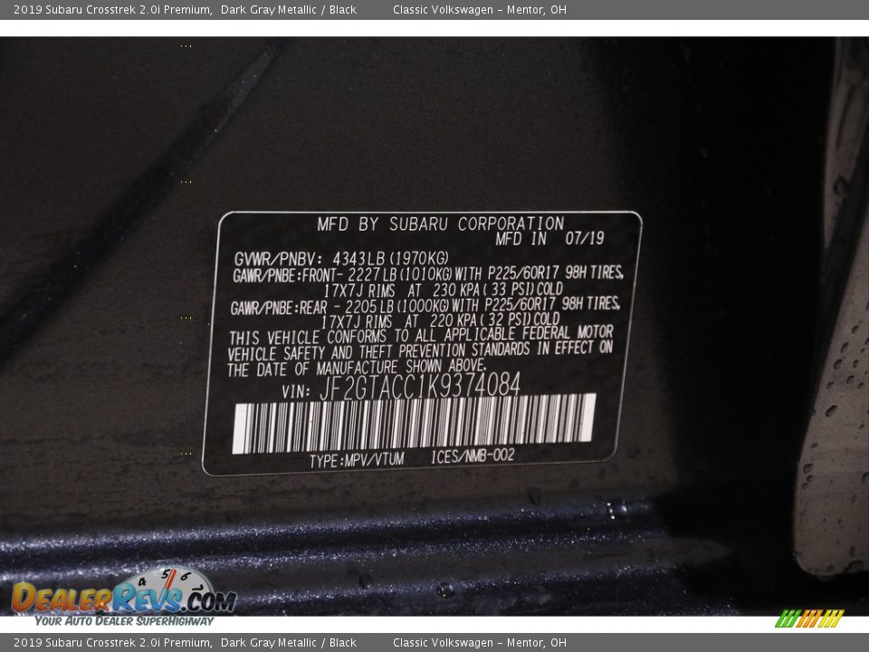 2019 Subaru Crosstrek 2.0i Premium Dark Gray Metallic / Black Photo #22
