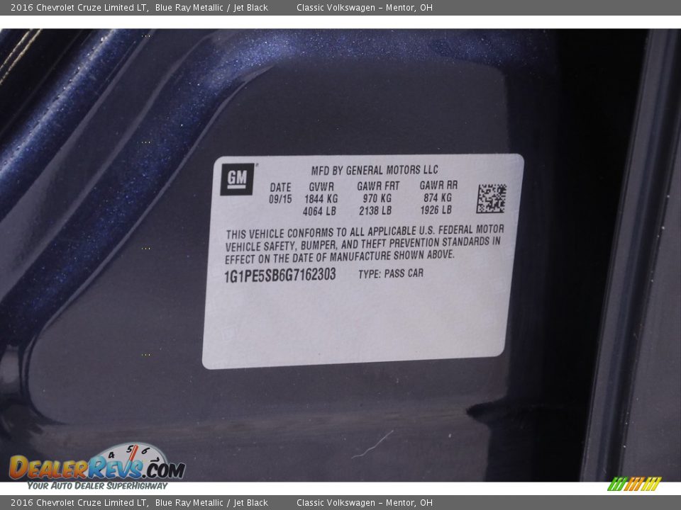 2016 Chevrolet Cruze Limited LT Blue Ray Metallic / Jet Black Photo #19