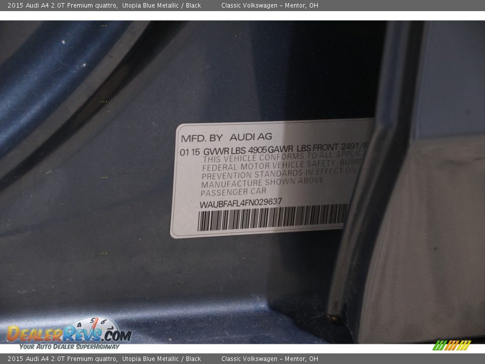2015 Audi A4 2.0T Premium quattro Utopia Blue Metallic / Black Photo #18
