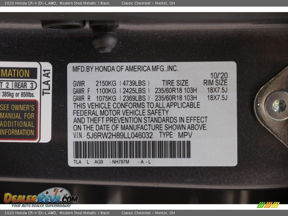 2020 Honda CR-V EX-L AWD Modern Steel Metallic / Black Photo #22