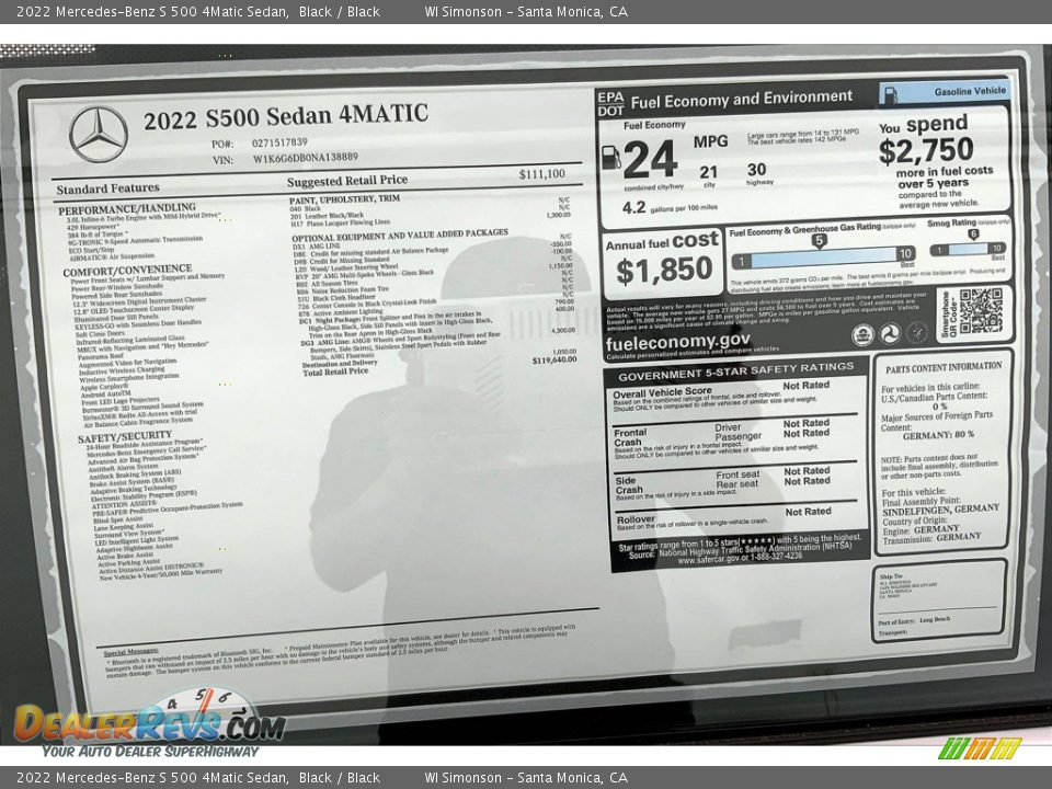 2022 Mercedes-Benz S 500 4Matic Sedan Black / Black Photo #13