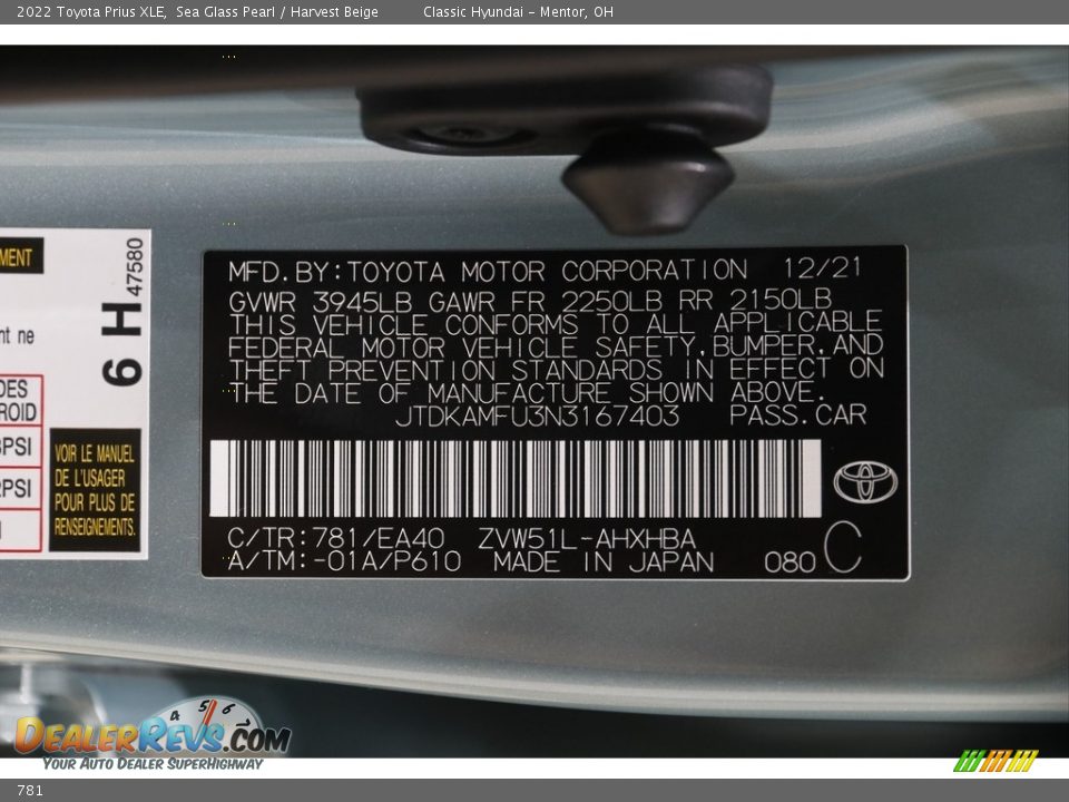 Toyota Color Code 781 Sea Glass Pearl