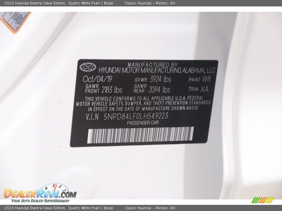 2020 Hyundai Elantra Value Edition Quartz White Pearl / Beige Photo #19