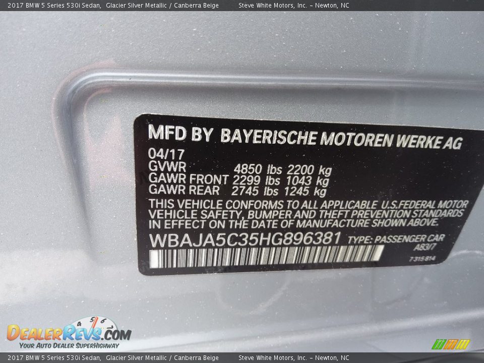 2017 BMW 5 Series 530i Sedan Glacier Silver Metallic / Canberra Beige Photo #30