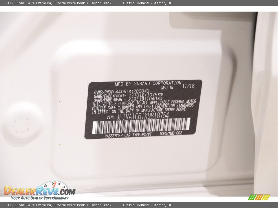 2019 Subaru WRX Premium Crystal White Pearl / Carbon Black Photo #25