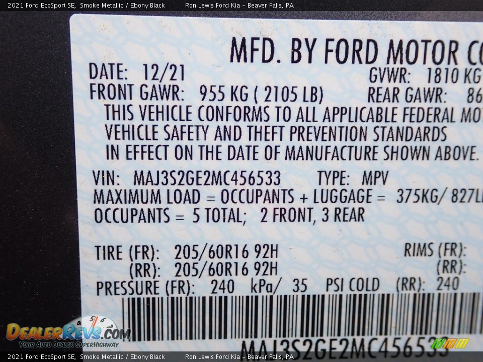 2021 Ford EcoSport SE Smoke Metallic / Ebony Black Photo #20