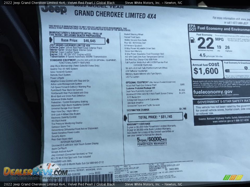 2022 Jeep Grand Cherokee Limited 4x4 Window Sticker Photo #28