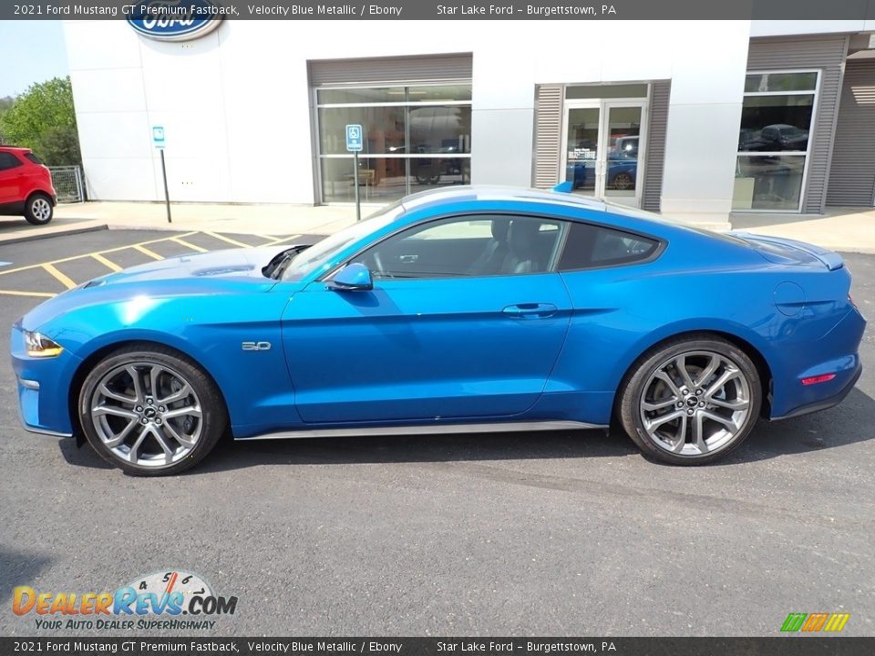 2021 Ford Mustang GT Premium Fastback Velocity Blue Metallic / Ebony Photo #2