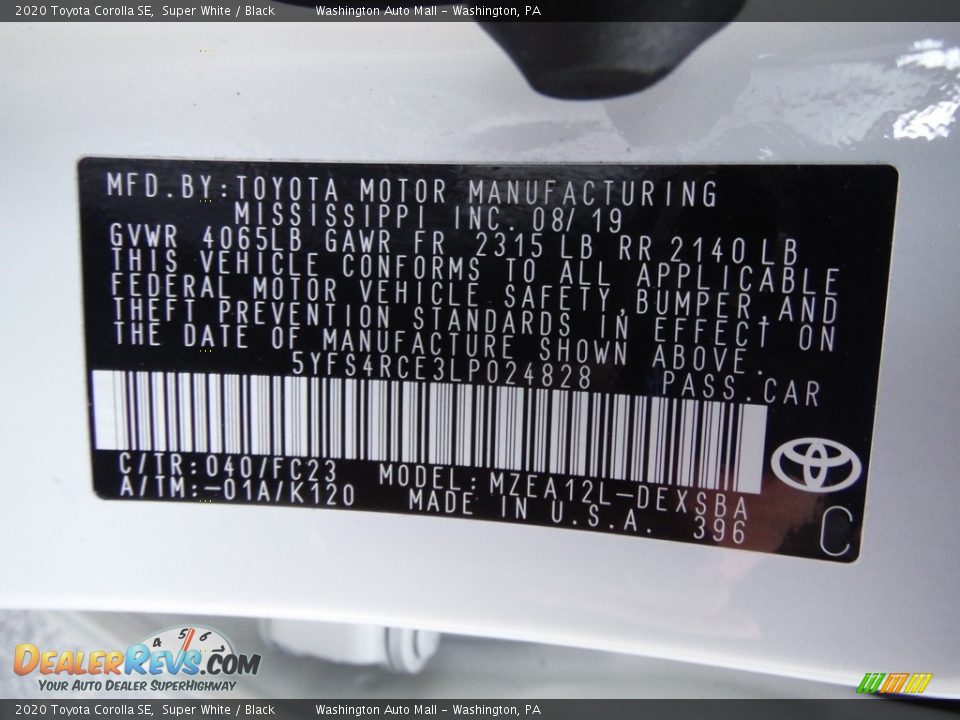 2020 Toyota Corolla SE Super White / Black Photo #32