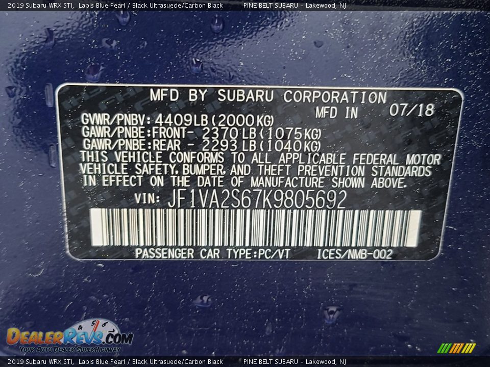 2019 Subaru WRX STI Lapis Blue Pearl / Black Ultrasuede/Carbon Black Photo #36