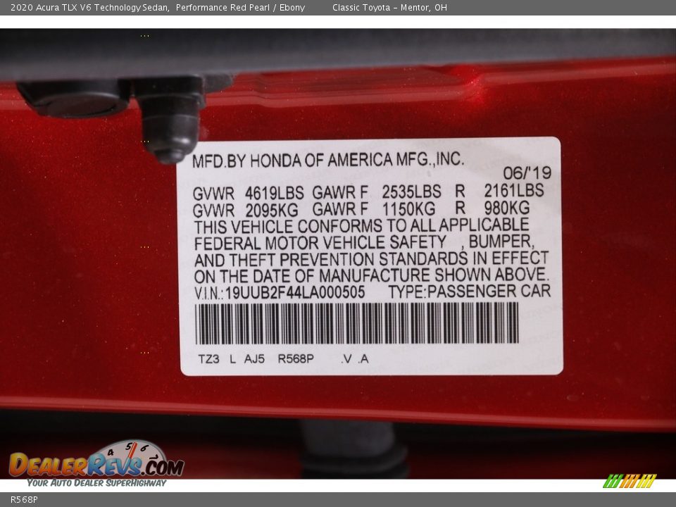 Acura Color Code R568P Performance Red Pearl