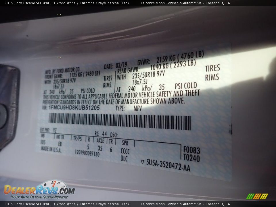 2019 Ford Escape SEL 4WD Oxford White / Chromite Gray/Charcoal Black Photo #27