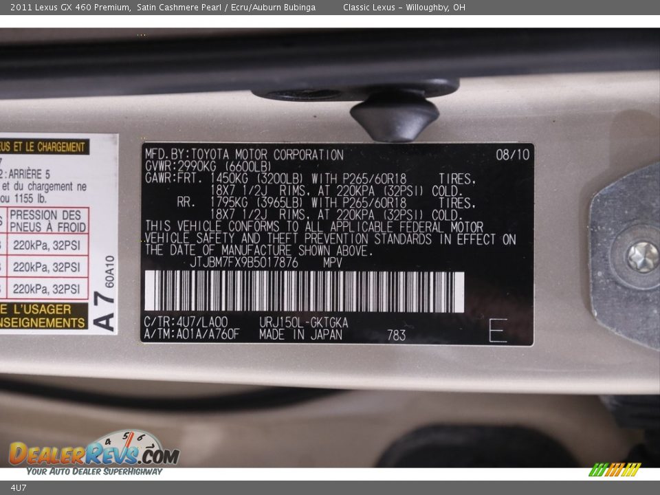 Lexus Color Code 4U7 Satin Cashmere Pearl