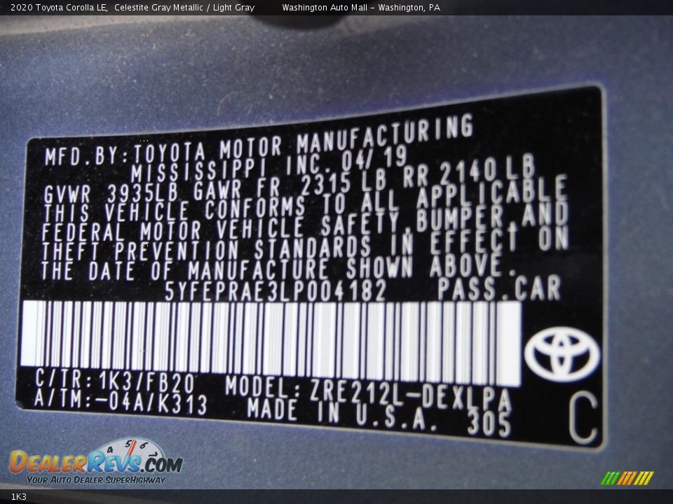 Toyota Color Code 1K3 Celestite Gray Metallic