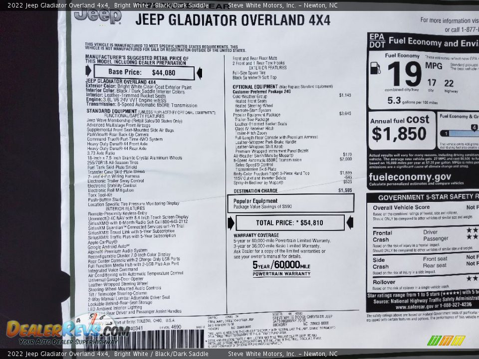2022 Jeep Gladiator Overland 4x4 Bright White / Black/Dark Saddle Photo #30