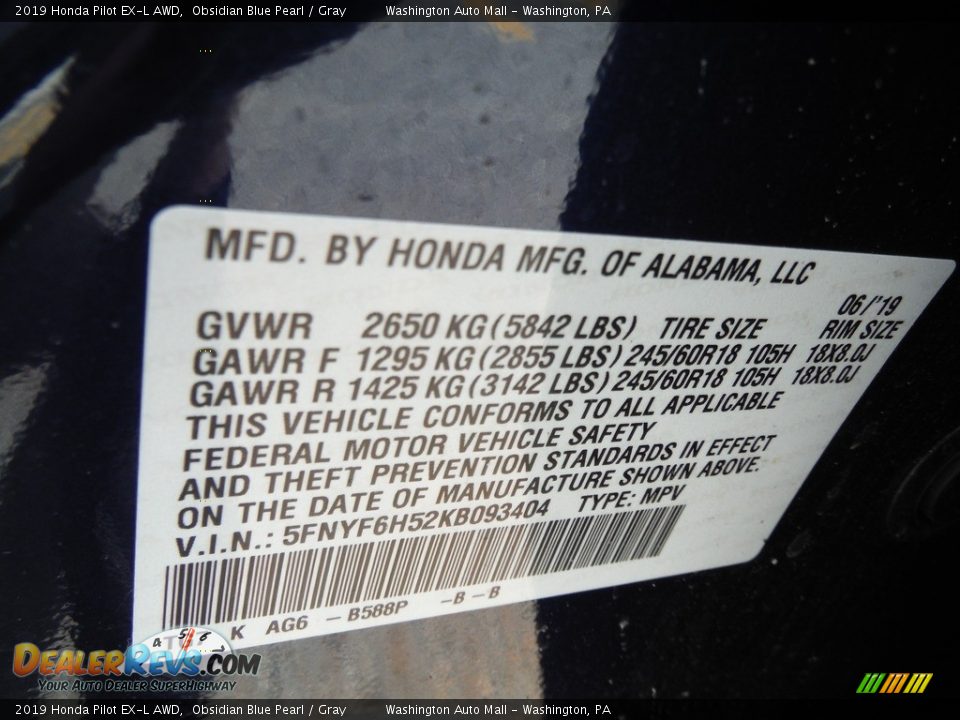 2019 Honda Pilot EX-L AWD Obsidian Blue Pearl / Gray Photo #34