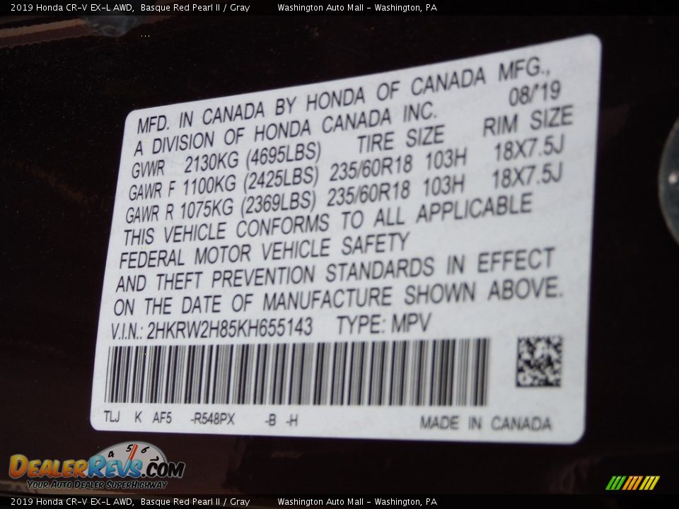 2019 Honda CR-V EX-L AWD Basque Red Pearl II / Gray Photo #32