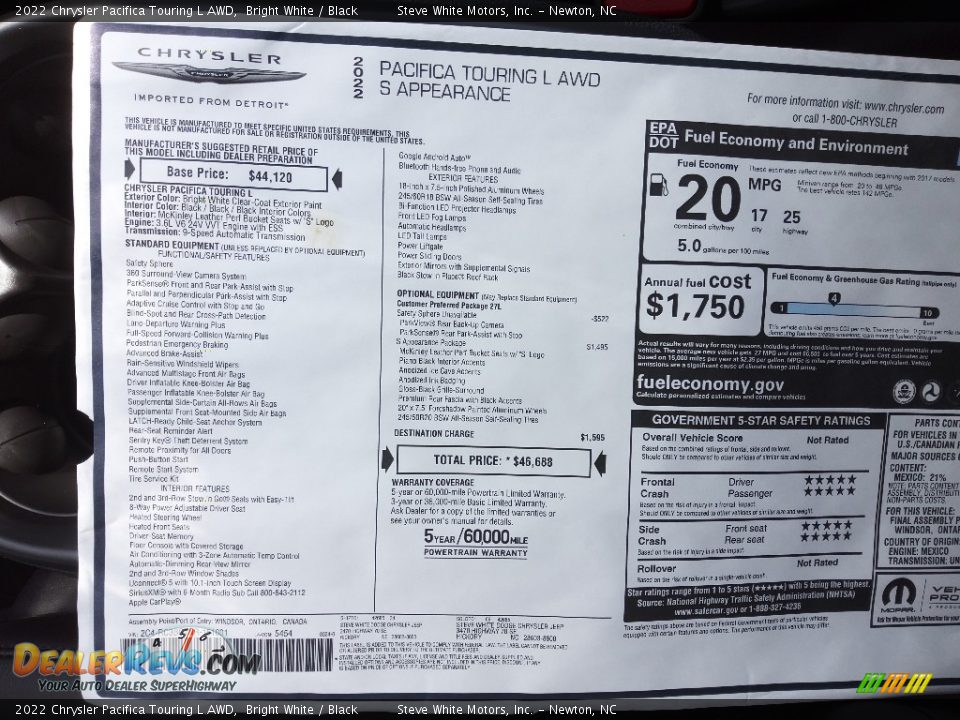 2022 Chrysler Pacifica Touring L AWD Window Sticker Photo #29