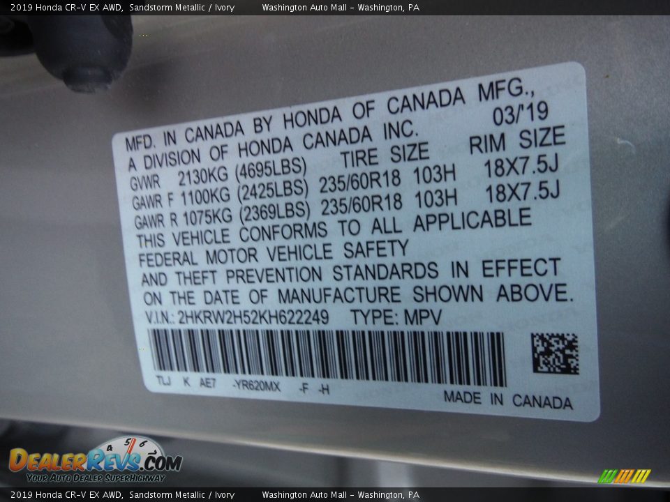 2019 Honda CR-V EX AWD Sandstorm Metallic / Ivory Photo #35