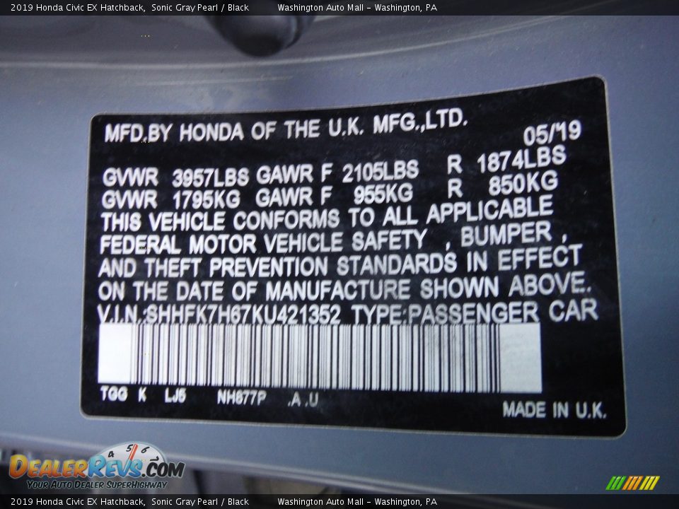 2019 Honda Civic EX Hatchback Sonic Gray Pearl / Black Photo #29