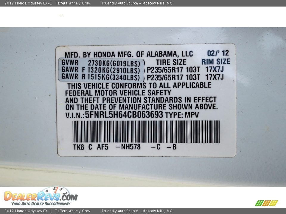 2012 Honda Odyssey EX-L Taffeta White / Gray Photo #30