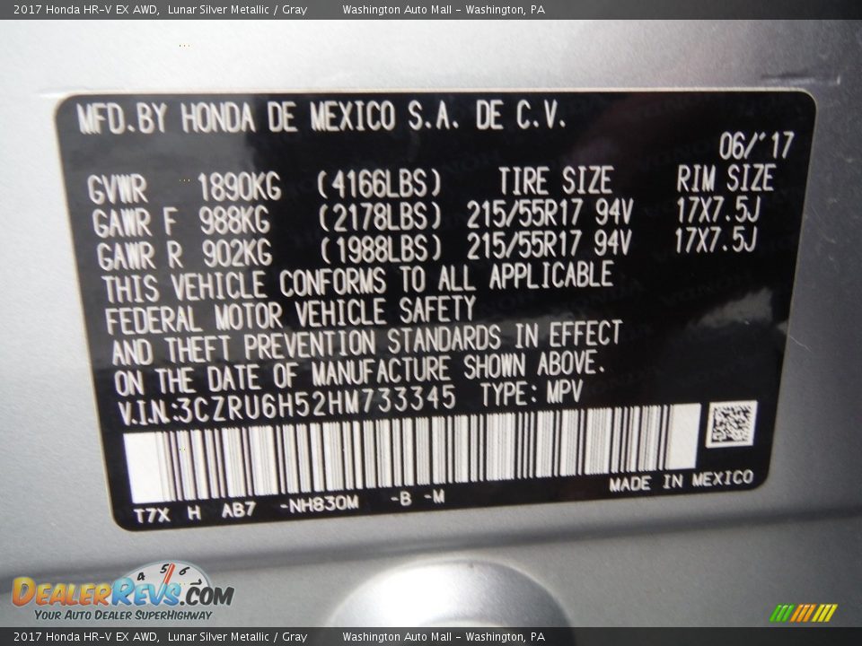2017 Honda HR-V EX AWD Lunar Silver Metallic / Gray Photo #27