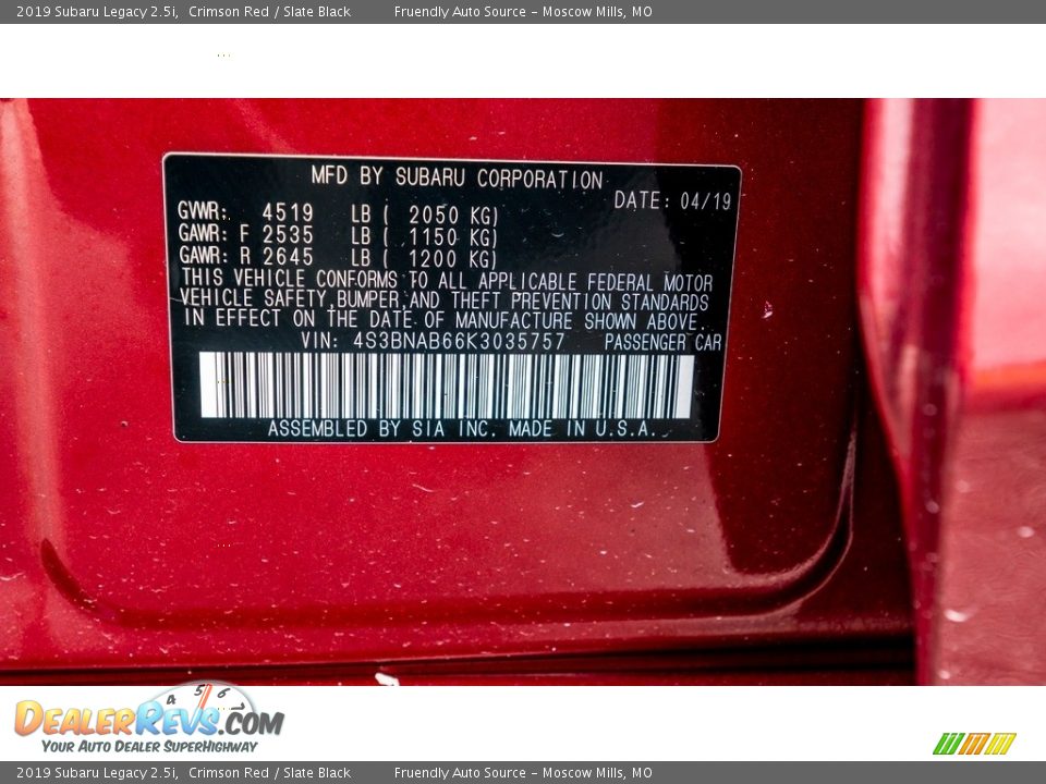 2019 Subaru Legacy 2.5i Crimson Red / Slate Black Photo #34