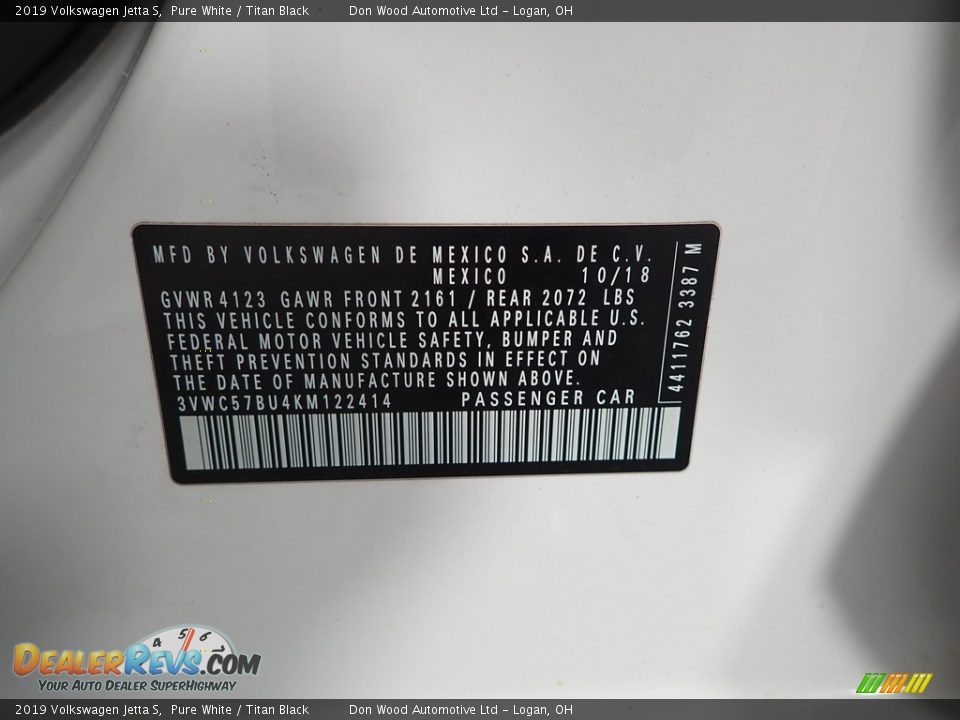 2019 Volkswagen Jetta S Pure White / Titan Black Photo #33
