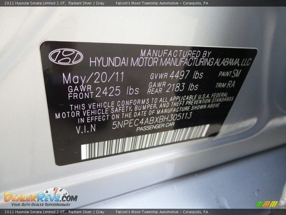 2011 Hyundai Sonata Limited 2.0T Radiant Silver / Gray Photo #28