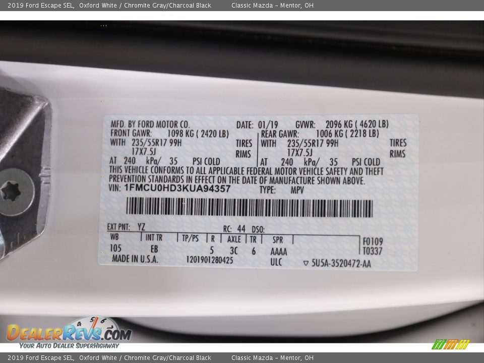 2019 Ford Escape SEL Oxford White / Chromite Gray/Charcoal Black Photo #20