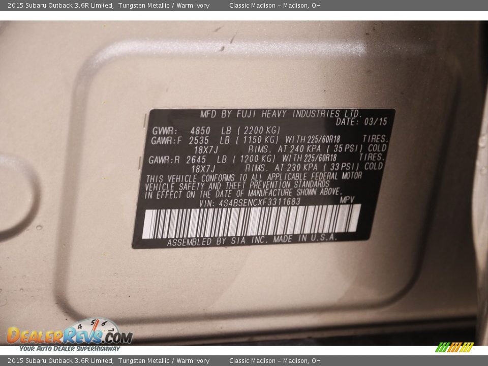 2015 Subaru Outback 3.6R Limited Tungsten Metallic / Warm Ivory Photo #22