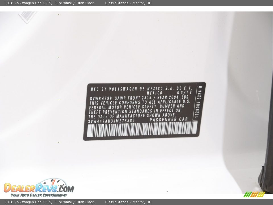 2018 Volkswagen Golf GTI S Pure White / Titan Black Photo #20