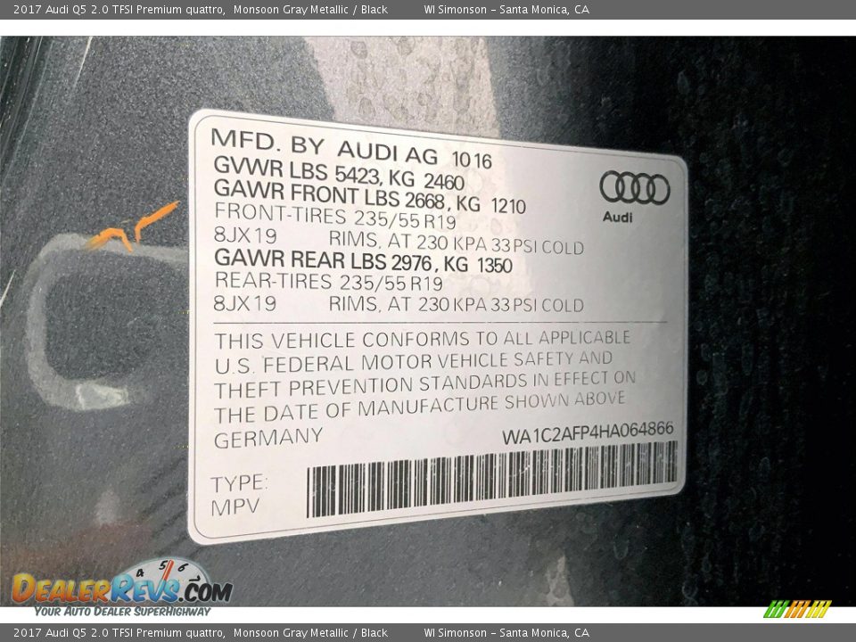 2017 Audi Q5 2.0 TFSI Premium quattro Monsoon Gray Metallic / Black Photo #33