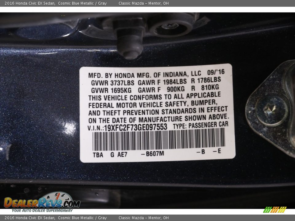 2016 Honda Civic EX Sedan Cosmic Blue Metallic / Gray Photo #22