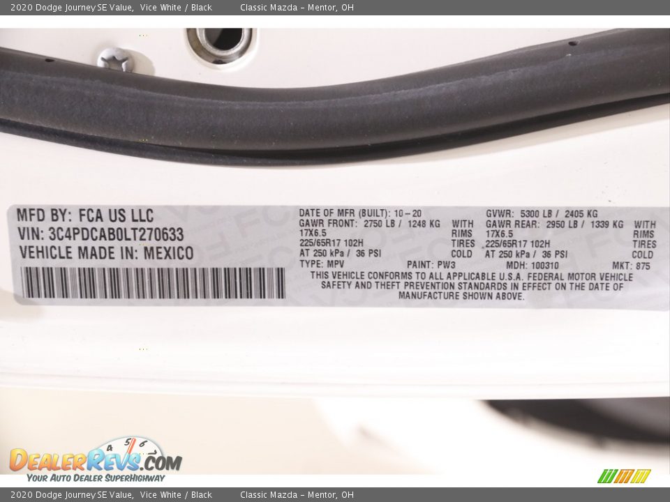 2020 Dodge Journey SE Value Vice White / Black Photo #20