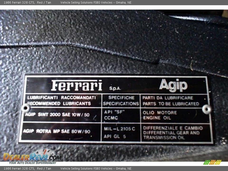 Info Tag of 1986 Ferrari 328 GTS Photo #17