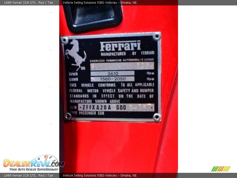 Info Tag of 1986 Ferrari 328 GTS Photo #18