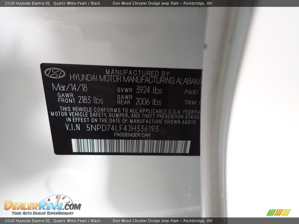 2018 Hyundai Elantra SE Quartz White Pearl / Black Photo #33