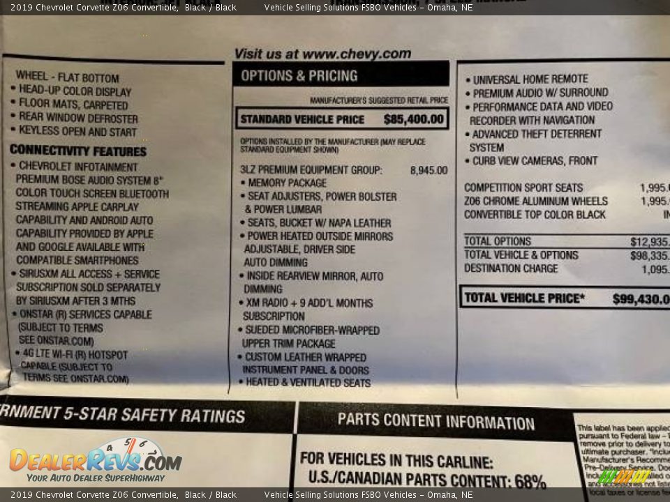 2019 Chevrolet Corvette Z06 Convertible Window Sticker Photo #9